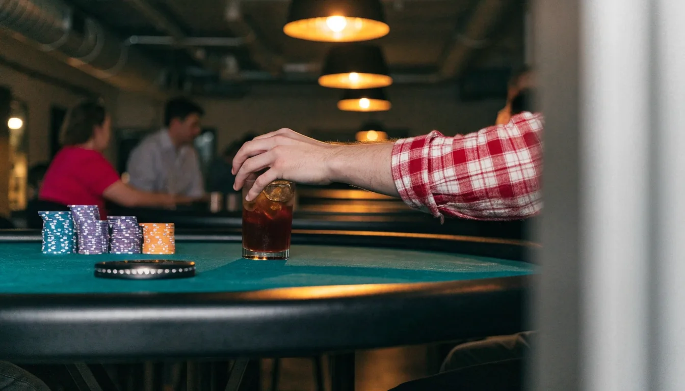 Herní stůl v lounge kavárně s pokerovou hernou, teplé světlo nad místy hráčů a občerstvení na okraji stolu