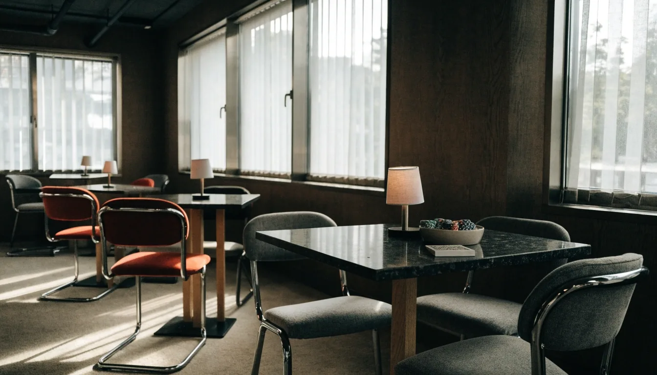 Posezení v lounge kavárně před otevřením, rozdané karty a miska chipsů na stole