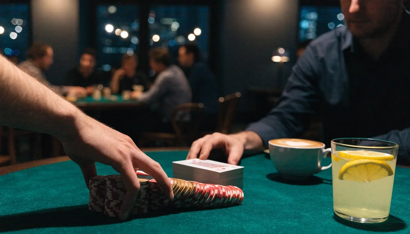 Pokerový stůl se žetony a šálkem kávy v tmavém sále Red Gum Estate