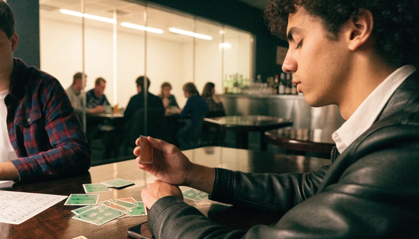 Pokerový stůl s žetony a šálkem kávy pod teplým světlem v herně Red Gum Estate