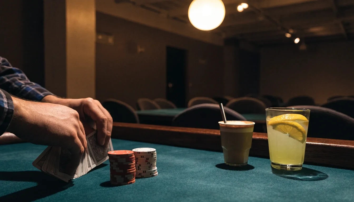 Herní stůl s plstí, žetony a kávou v pokerové herně Red Gum Estate při večerním světle